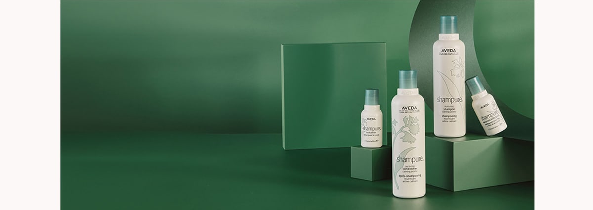 [Image of Shampure Nurturing Hair and Body Care set with text that reads: Create a caring calm with the aroma of certified organ